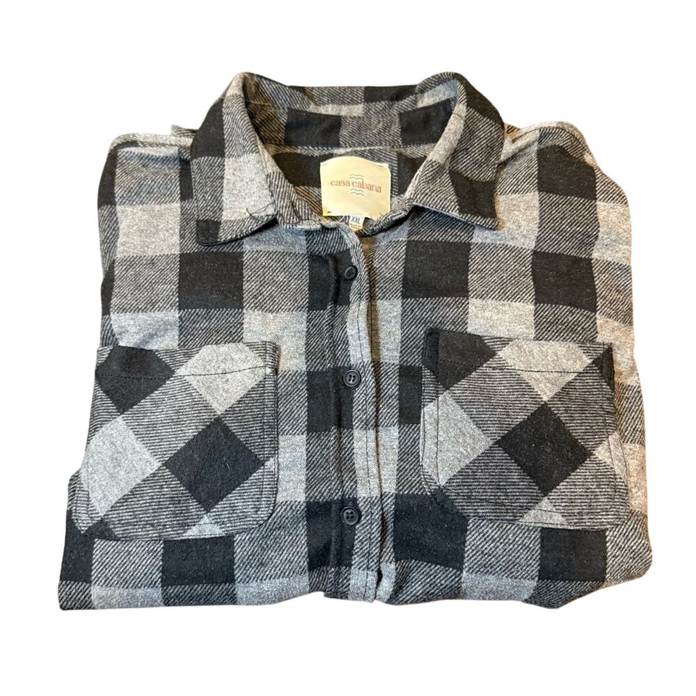 Casa Cabana Men’s XXL Gray Black Plaid Flannel Button‎ Down Heavy Shirt